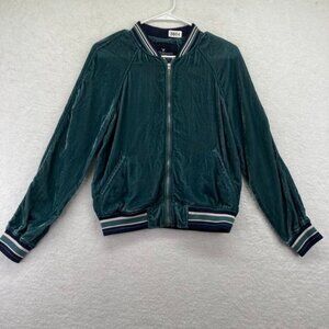 American Eagle Womens Bomber Jacket Size Small Teal Blue Velour Full Zip Stripes